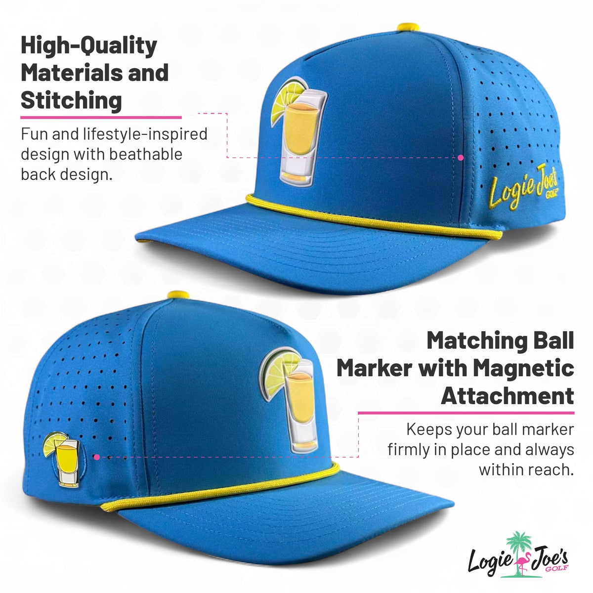 Tequila and Lime Golf Hat | Snapback Cap | Built-in Magnetic Ball Marker Holder + Marker Included | Adjustable | Shot Glass